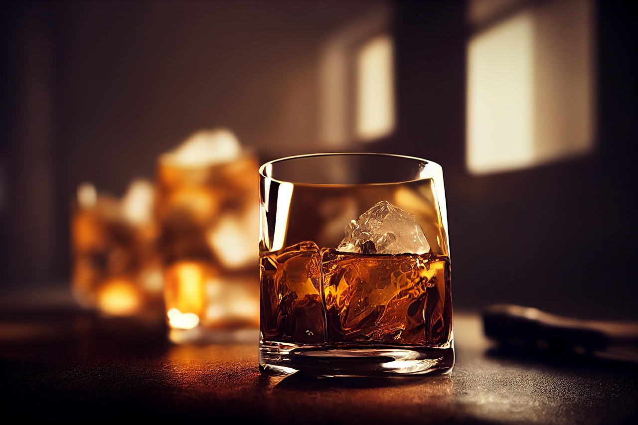 Sklenka whisky a láhev prémiového alkoholu v elegantním prostředí